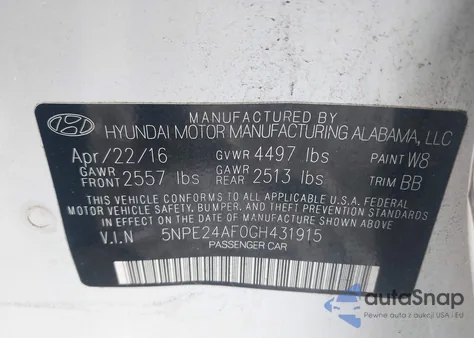 2016 Hyundai Sonata Se z USA, uszkodzony, nr VIN 5NPE24AF0GH431915